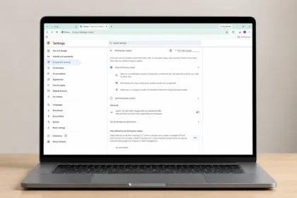 Google Chrome third-party web cookie settings page displayed on a laptop screen, illustrating how users can view, manage, and control website cookies and tracking preferences.