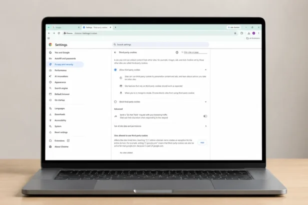 Google Chrome third-party web cookie settings page displayed on a laptop screen, illustrating how users can view, manage, and control website cookies and tracking preferences.