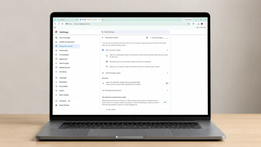Google Chrome third-party web cookie settings page displayed on a laptop screen, illustrating how users can view, manage, and control website cookies and tracking preferences.