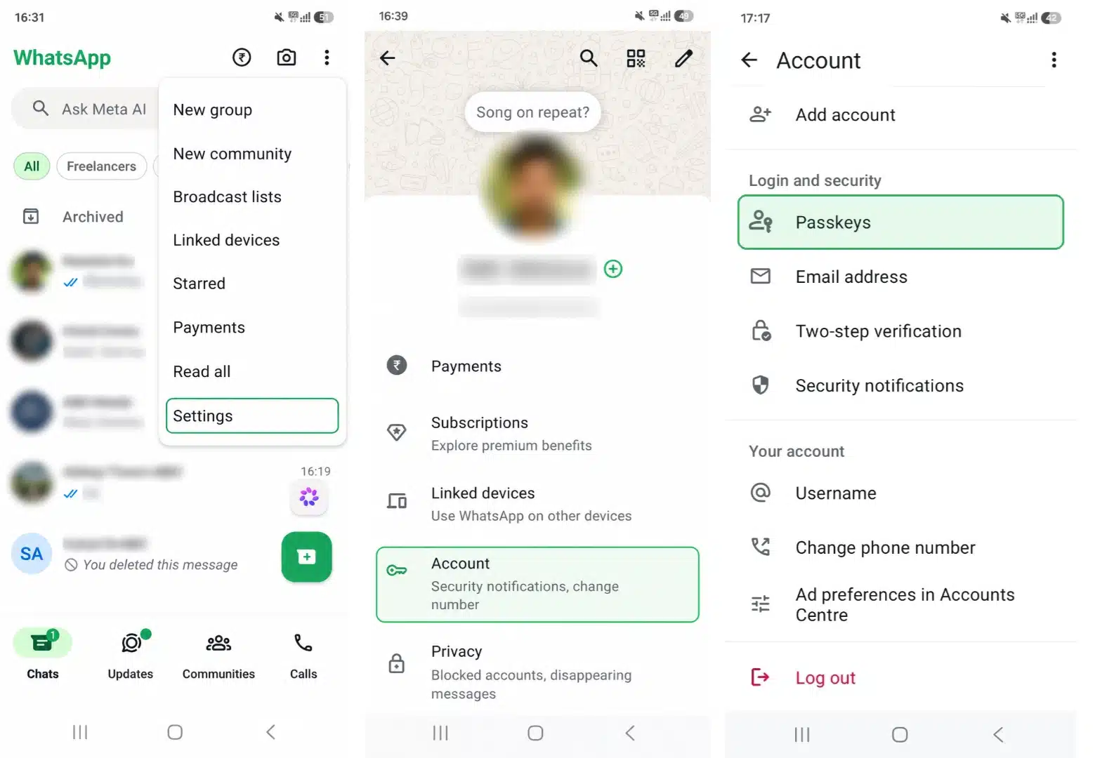 WhatsApp security settings showing Passkeys option