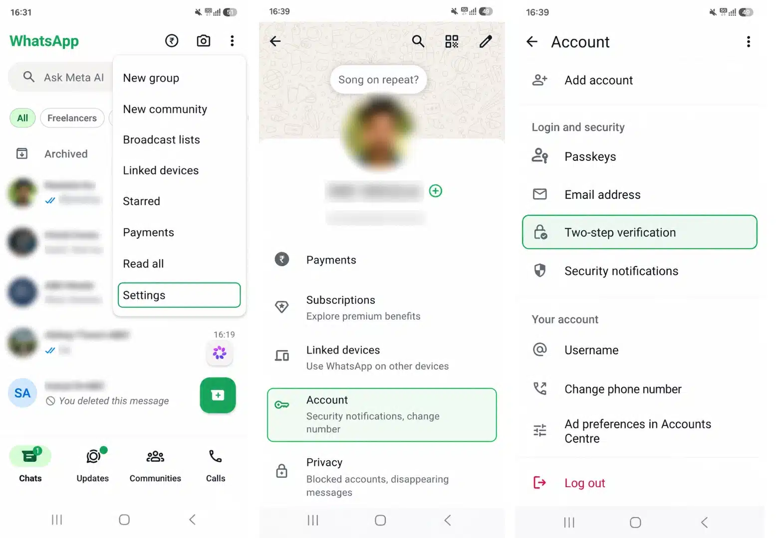 WhatsApp security settings showing Two-step verification option