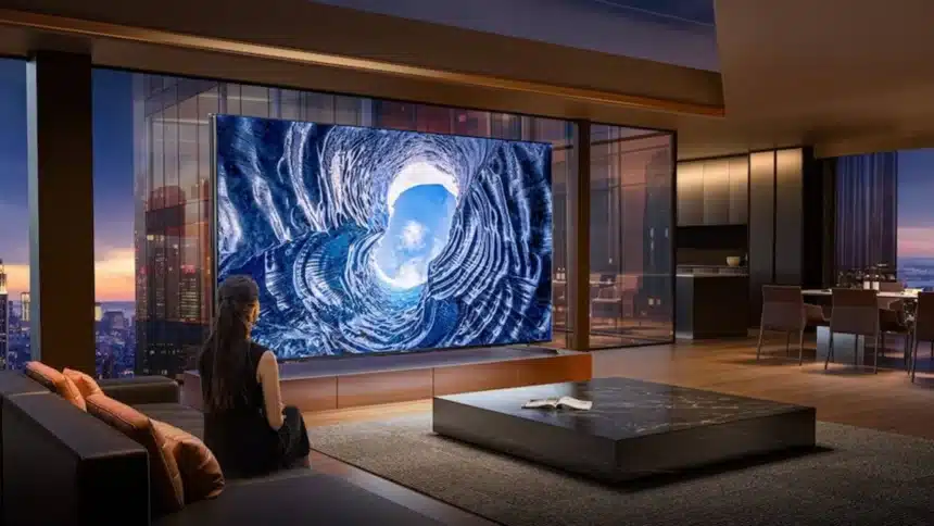 Large Hisense TV in a modern luxury living room | devicology.com