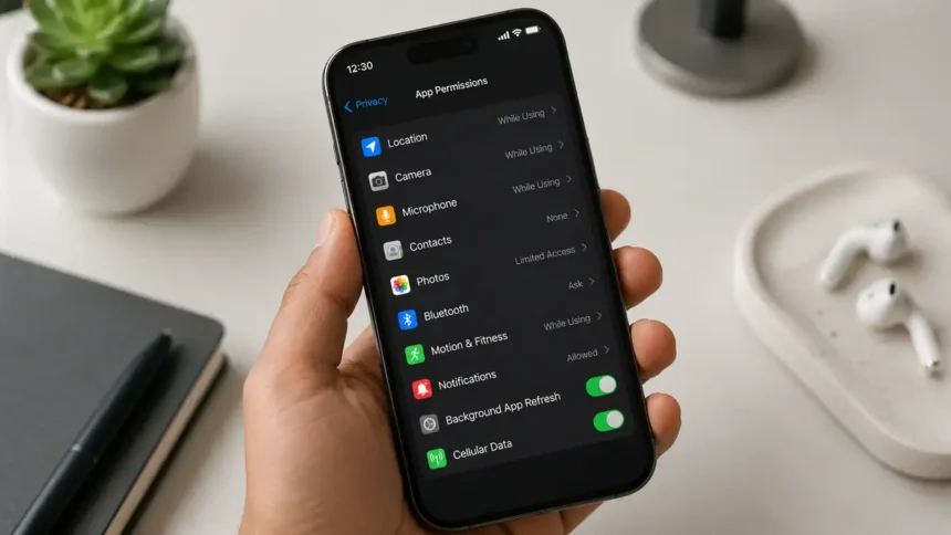 Phone permissions settings for location, camera, microphone and contacts