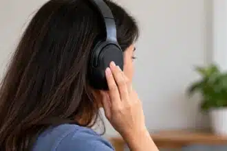 ANC pressure effect with a woman wearing noise cancelling headphones