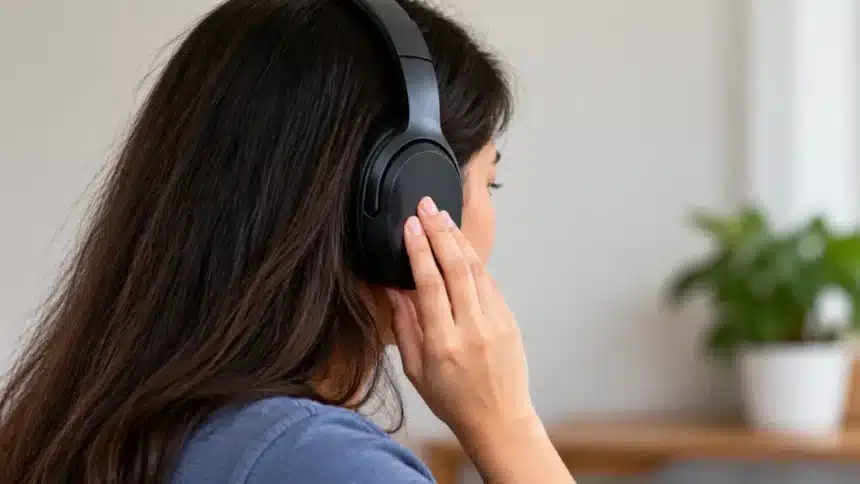 ANC pressure effect with a woman wearing noise cancelling headphones