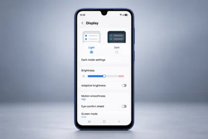Samsung Galaxy A17 showing display settings with a brightness slider and adaptive brightness turned off