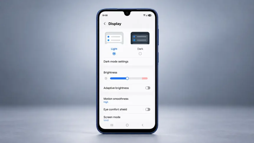 Samsung Galaxy A17 showing display settings with a brightness slider and adaptive brightness turned off