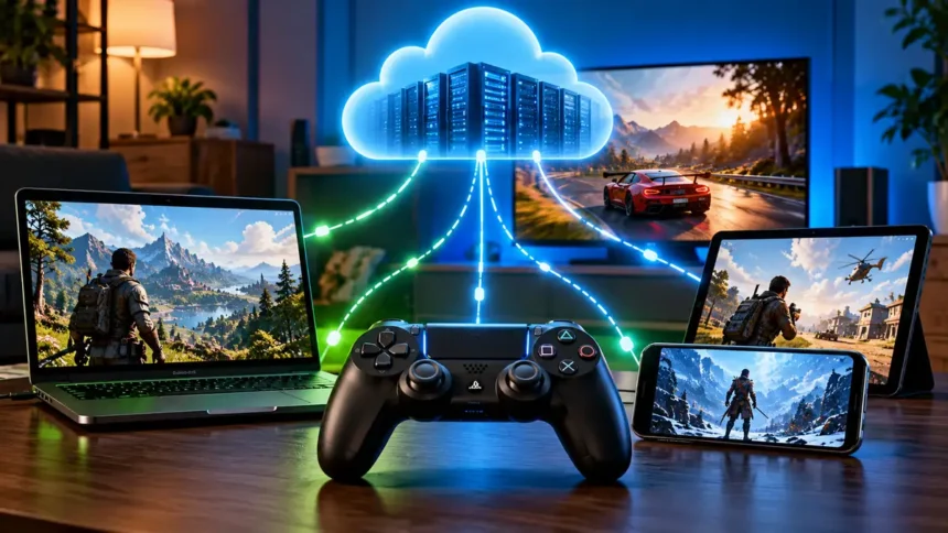 GeForce Now vs Xbox Cloud Gaming vs PS Plus Premium cloud gaming across a TV, laptop, tablet and smartphone