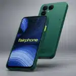Fairphone 6+ in green showing the front display and repairable rear design