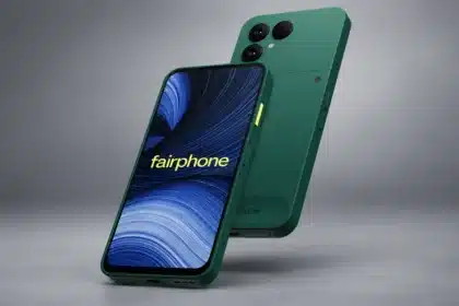 Fairphone 6+ in green showing the front display and repairable rear design