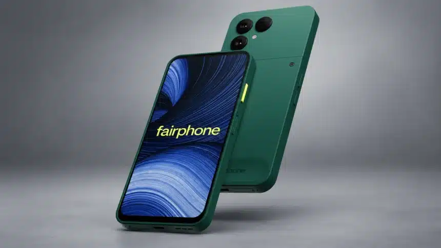 Fairphone 6+ in green showing the front display and repairable rear design