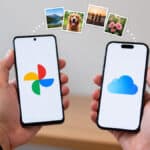 Google Photos vs iCloud comparison on two smartphones showing cloud photo storage and backup.