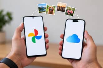 Google Photos vs iCloud comparison on two smartphones showing cloud photo storage and backup.