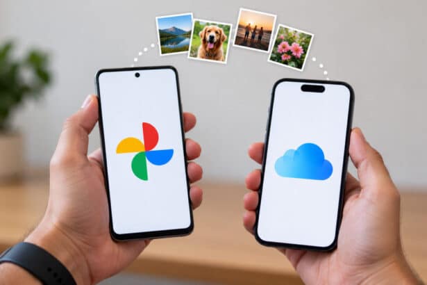Google Photos vs iCloud comparison on two smartphones showing cloud photo storage and backup.