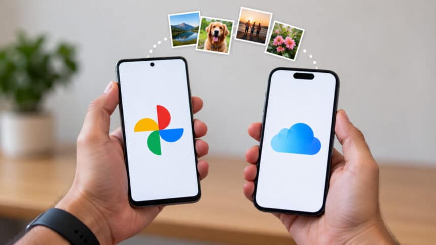 Google Photos vs iCloud comparison on two smartphones showing cloud photo storage and backup.