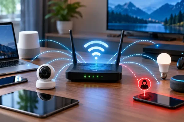 Home router connected to smart devices with a suspicious unknown device on the network