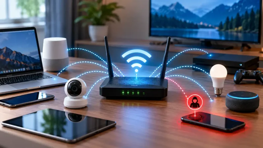 Home router connected to smart devices with a suspicious unknown device on the network