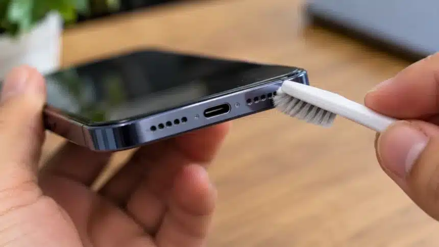 Cleaning a phone speaker grille with a soft brush to remove dust