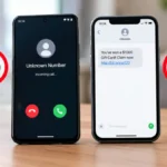 Two smartphones displaying an unknown spam call and a suspicious text message