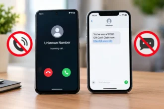 Two smartphones displaying an unknown spam call and a suspicious text message