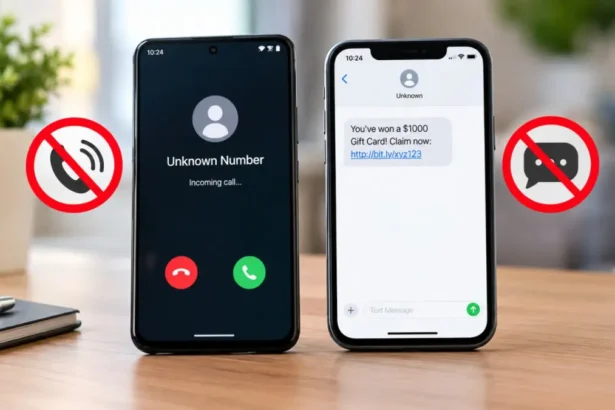 Two smartphones displaying an unknown spam call and a suspicious text message