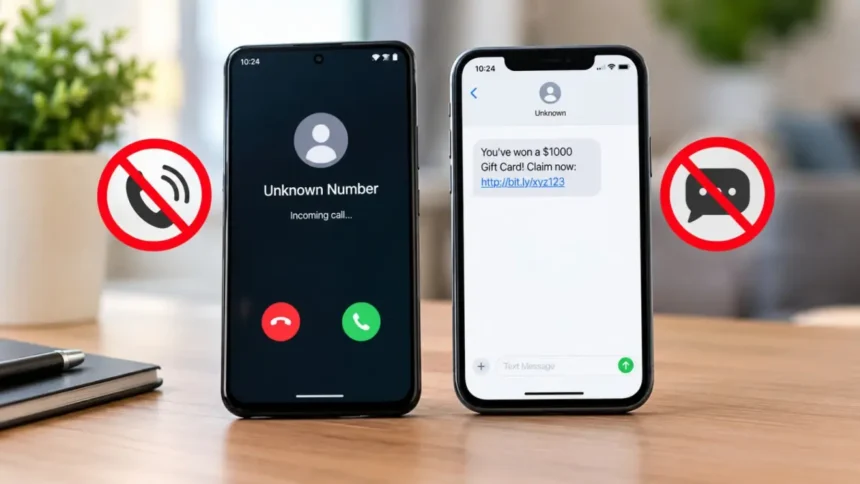 Two smartphones displaying an unknown spam call and a suspicious text message