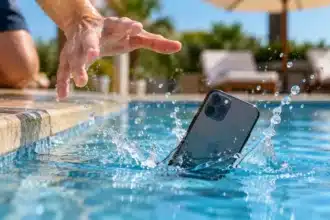 Smartphone falling into swimming pool illustrating IP68 water resistance