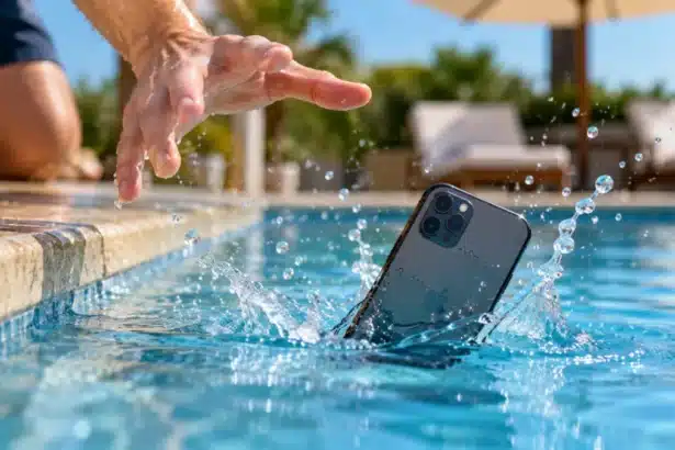 Smartphone falling into swimming pool illustrating IP68 water resistance