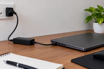 Closed laptop plugged into a charger on a desk