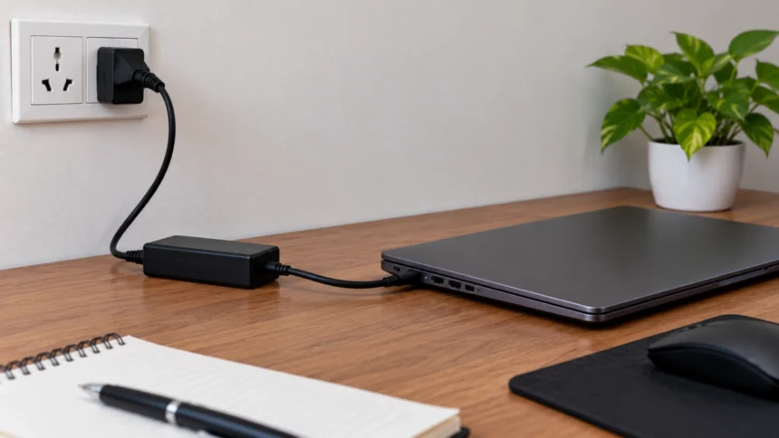 Closed laptop plugged into a charger on a desk