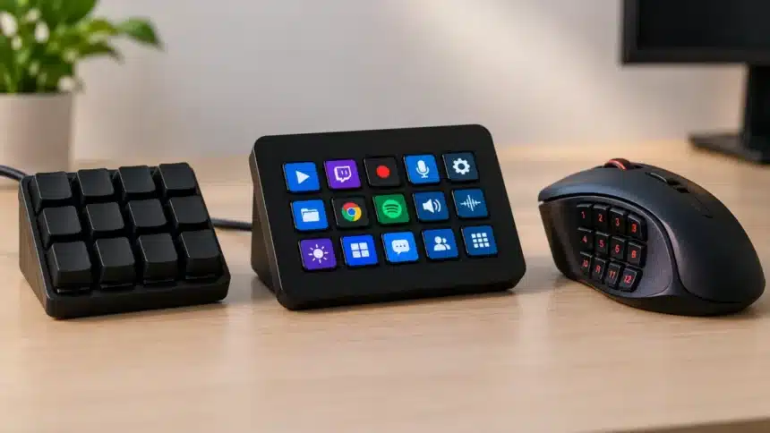 Macro pad vs Stream Deck vs MMO mouse arranged on a desktop