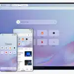 Opera browser with built-in VPN displayed on a laptop, Android phone and iPhone