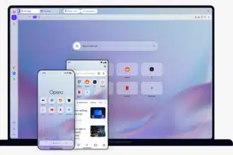 Opera browser with built-in VPN displayed on a laptop, Android phone and iPhone