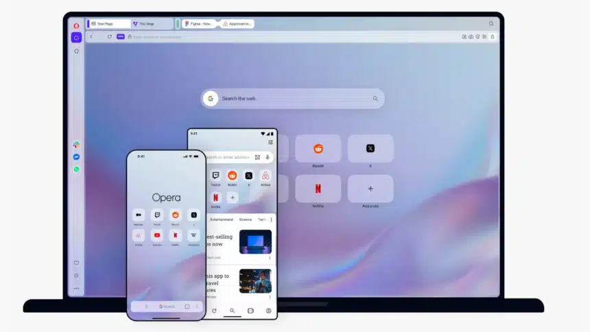 Opera browser with built-in VPN displayed on a laptop, Android phone and iPhone