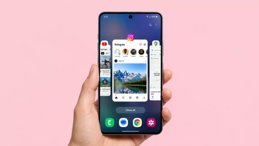 Android smartphone showing the recent apps screen with Instagram, YouTube and Google Maps