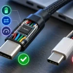 USB-C cables showing an e-marker chip, internal wiring and differences between safe and poor-quality cables