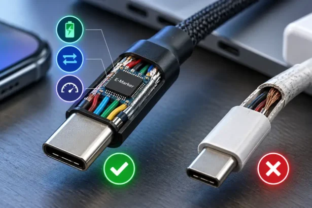 USB-C cables showing an e-marker chip, internal wiring and differences between safe and poor-quality cables