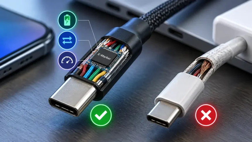 USB-C cables showing an e-marker chip, internal wiring and differences between safe and poor-quality cables